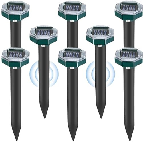 Chasse taupe à ultrasons solaire 8 pièces, répulsif pour souris imperméable qui éloigne les souris de manière professionnelle. Convient pour repousser les serpents et les rongeurs dans les jardins et