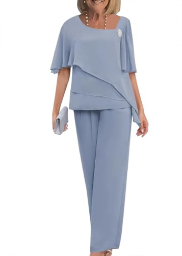 shownicer Completo Donna Elegante Chiffon Camicia a Maniche Corte et Pantalon 2 Pezzi Set Taille Haute Taglia Grande Cerimonia Outfits B GrigioBlu XL