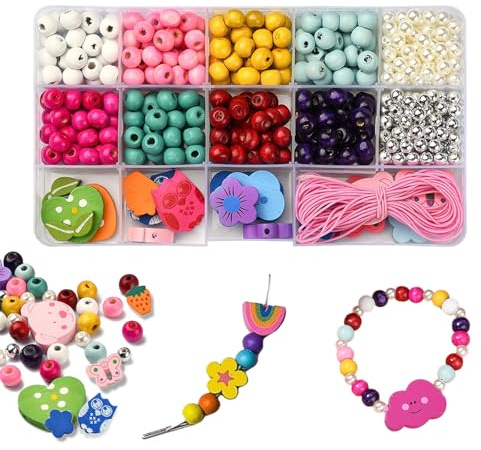 Bead Necklace Making Kit for Kids - Jewellery DIY Making Play Set for Child with Wooden Beads for Jewellery Arts and Crafts - Suitable for 3-8 Years Old Gifts
