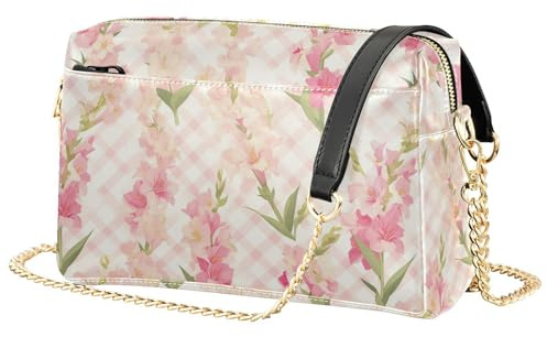 Gladiolus blommor gingham axelremsväskor för kvinnor liten vegan läder cross-body handväska dragkedja axelväska för kvinnor