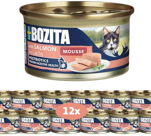 Bozita Mousse MSC lax – 12 x 85 g våtfoder för katter i fin moussetextur med lax – kornfritt recept, utan tillsats av socker och färgämnen – med postbiotika stöder tarmfloran