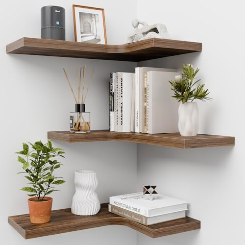 Homagle Wandregal Holz Eckregal HäNgend L-FöRmiger HäNgeregal Bilderleiste Schweberegal Regal KüChe GewüRzregal FüR Wohnzimmer Schlafzimmer Bad Flur BüRo Wand Deko,3er Set (Braun)