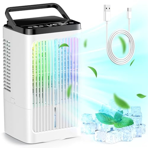 Aire Acondicionado Portátil 4 en 1, 1200ml Mini Aire Acondicionado, USB Ventilador con 4 Velocidades, 2 Nebulización, 7 Colores LED, Temporizador 1-8H, Enfriador de Aire para Camping, Oficina (Blanco)