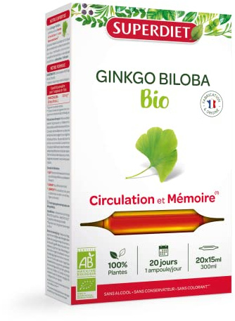 SUPERDIET - GINKGO BILOBA BIO - Circulation & Mémoire - Fabrication et Origine France- 20 ampoules de 15 ml