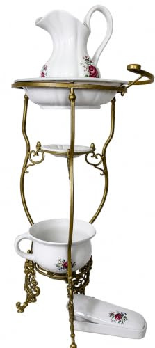 Waschschüssel Ständer im Barock Stil mit Wasch-Set, Rosa Blumenmuster