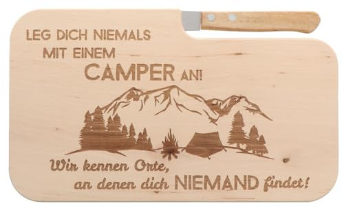 Spruchreif | Holz- Brotzeitbrett mit Messer und Gravur „Leg dich niemals mit einem Camper an“ | Perfekte Geschenkidee für Camper & Outdoor-Fans