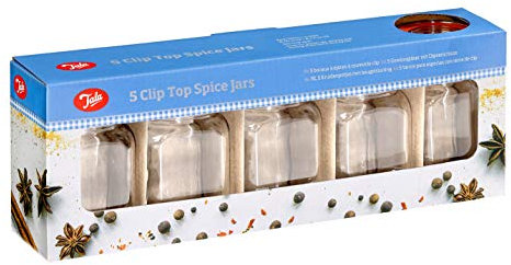 Tala Airtight Spice Jars with Silicone Seal, Set of 5 Clear Glass Clip-Top Jars (250ml), Ideal for Storing Herbs, Spices, Homemade Goods and More, Reusable and Dishwasher Safe