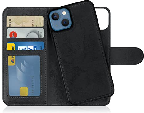 MyGadget Flip-fodral för iPhone 13 - [avtagbart magnetfodral] - mobilfodral av konstläder - [flipfodral med kortplats] skyddsfodral i grått svart