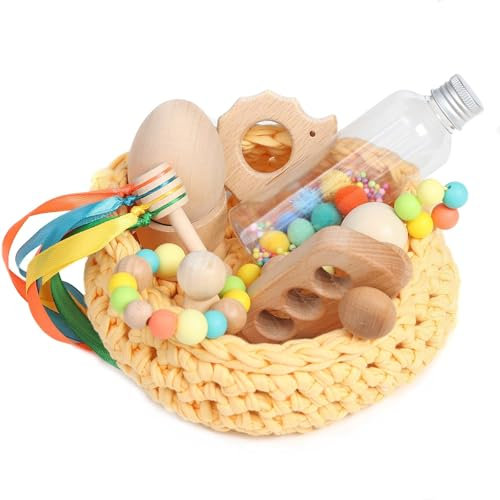 Cesto tesoros bebé. Cesto sensorial bebé. Juego estimulación sensorial Montessori para bebés entre 4 y 18 meses. ¡Más que un juego para el aprendizaje de tu bebé! COLOR AMARILLO HUEVO