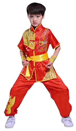 Boys Girls Kung Fu Master Tai Chi Dragon Chinese Uniform Top Shirt Pants Set Outfit (Red, 12-14 Years)