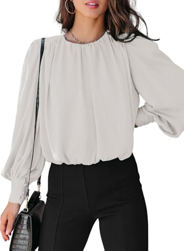 Dokotoo Womens Ladies Spring Long Sleeve Tunic Tops and Blouses for Women 2026 Summer Crewneck Padded Shoulder Casual Loose Fitting Trendy Dressy Work Shirts White X-Large