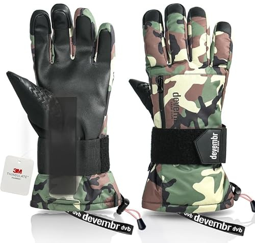 devembr Guanti da Snowboard con Protezioni per i Polsi, Guanti da Sci Touchscreen, Impermeabili, Camuffare, M