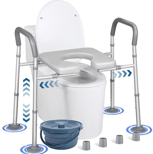 LOLLIDO Rialzo WC con Maniglie, 226,8 kg di Carico- Sediletto WC Alto Regolabile in Larghezza e Altezza per Anziani - Rialzo WC Multiuso con Maniglie (con secchio)