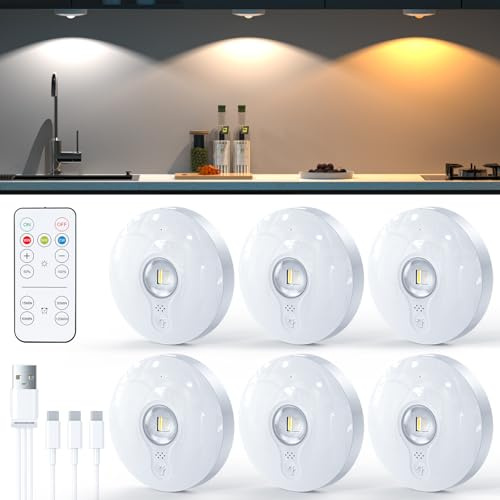 Luces LED Vitrina Recargables con Control Remoto,Luz LED Armario Recargable,Foco led Inalámbricas, Respetuoso con el Medio Ambiente, Luz Nocturna con Función de Temporización (3 color, blanco | 6 pz)