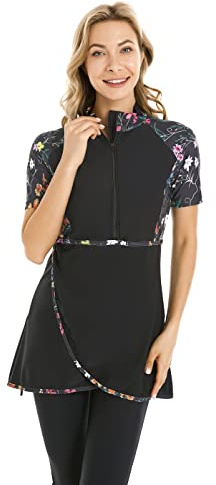 obaSeteck Maillot de Bain pudique Femme à Manches Courtes Imprimé Floral avec Ceinture réglable(4XL, Z10)