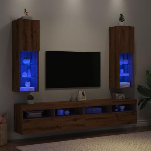 Snsowed Mobili TV con Luci LED 2 pz Rovere Artigianale 30,5x30x102 cm,Set Mobili Porta TV,Parete Attrezzata Soggiorno,Set Mobili TV Soggiorno Moderni-857679