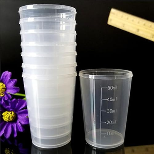 babominimer 10pcs 50ml Transparent Plastic Graduated Measuring Cups with Clear Markings for for Medicine, Kitchen Baking and Liquid Measurement, Lightweight Reusable Small