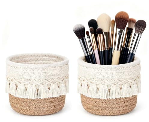 CHUANFU 2 Piezas Organizador de Maquillaje, Mini Cesta Tejida con Borlas | Bohemio Bote para Brochas de Maquillaje 10 x 10 CM para Guardar Peines y Lápices