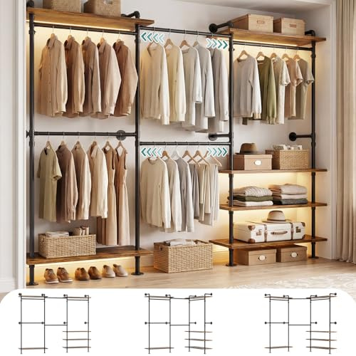 iSunirm Sistema de Armario Abierto – Barra Telescópica de Gran Capacidad, Armario de Acceso Facil, Flexible en Forma de L o Recta, Diseño de Tubo Industrial para Dormitorio y Vestidor