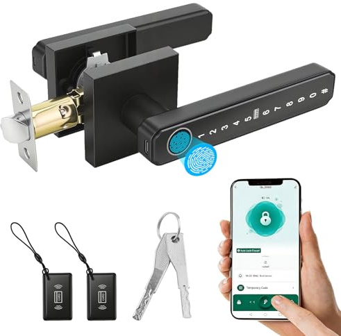 Smart Fingerprint Door Lock, 5-in-1 Keyless Entry with Bluetooth APP & NFC Cards | Biometric Smart Lock for Front Door, Bedroom, Office & Apartment | Digital Password & Backup Key Included