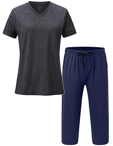 MoFiz Pigiama Donna Estivo Cotone Leggero Comodo Pigiami Due Pezzi da Donna Corti Collo a V Maniche Corte con Pigiama Pinocchietto con Tasche Grigio Scuro-Blu M