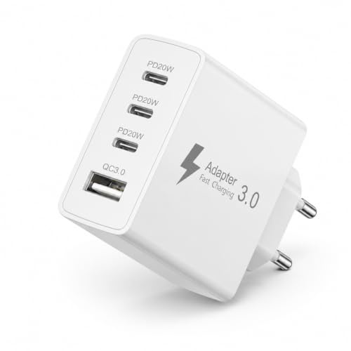 iPhone-laddare snabbladdning, 50 W 4 portar USB-C-laddare multi-adapter med PD och QC3.0 snabbladdning för iPhone 17/16/15/14/13/12/11, iPad, Samsung, Google Pixel, för hem/kontor/resor