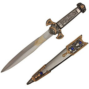 Wuu Jau H-74 Medieval Roman Viking Knights Dagger Knife with Engraved Metal Face Sheath Scabbard & Gems, 14, Blue