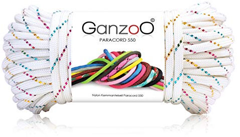 Cuerda de Paracord 550 con purpurina para pulsera, correa, collar, cuerda de nailon y poliéster con 7 hilos de núcleo, 30 metros, 4 mm de grosor, cuerda multiusos | cordón paracaídas | color: blanco