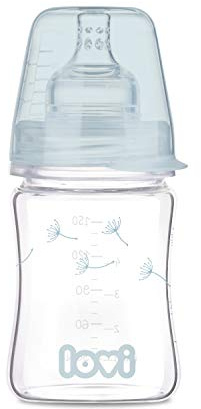 LOVI Anti-Kolik Babyflasche aus Glas 150 ml, mit dynamischem Sauger 0 Monate+, Milchflasche für die Kombination mit dem Stillen, Baby Trinkflasche mit Bodenventil gegen Koliken, Botanic Girl
