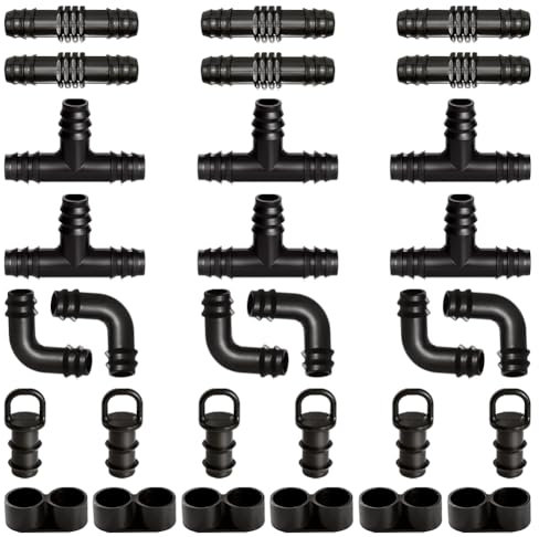 VooGenzek 30Stücke Bewässerung Anschluss Kit für Schläuche, Stecker Widerhaken Schlauch Verbinder 16mm Bewässerung System, Absperrschieber Ventile, Kupplungen, Bögen, T-Stücken, End Kappen, Endstopfen