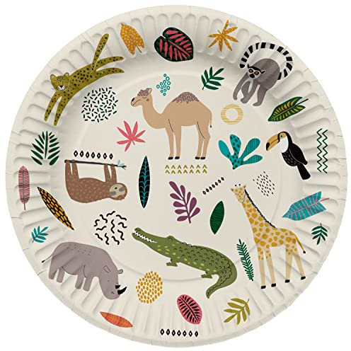 Folat 61929 Paper Party Tableware Pappteller Rund Ø 23cm Zoo Party 23cm - 8 Stück Einweggeschirr Teller für Geburtstagsfeier, Babyparty, Hochzeit, Brautparty