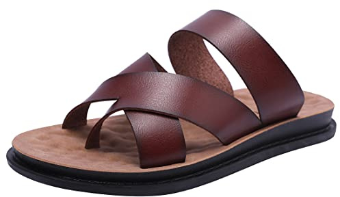 Harssidanzar Sandales pour hommes,été antidérapant Cross Band slide sandales Toe ring style Outdoor & Indoor KM221EU,Selle,taille 41