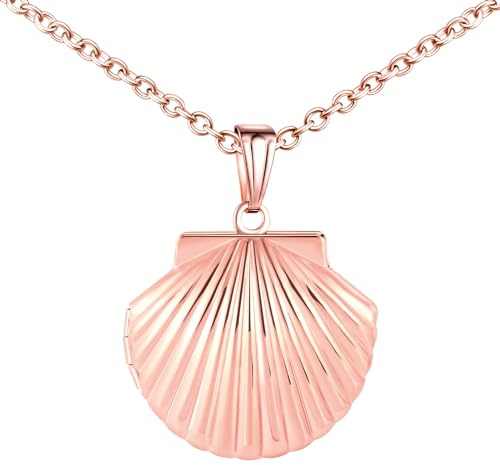 MICMIF Collar Foto Personalizado con Medallón de Concha para Mujer, Acero inoxidable Collar Relicarios Colgante en Forma de Concha para 2 Fotos Joyería Cadena 50cm