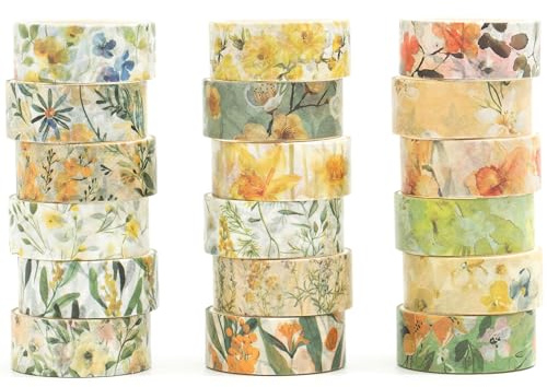 Songdao Blommor Washi Tape set 18 rullar dekorativ tejp färgglad för scrapbooking, bullet dagbok, planerare, presentförpackning (Golden Harvest)