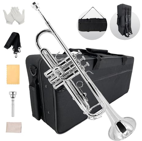 YoungMonic Bb Standard Trumpet Set for Beginners or students with Carrying Hard Case, 7C Mouthpiece, Cleaning Cloth and Gloves