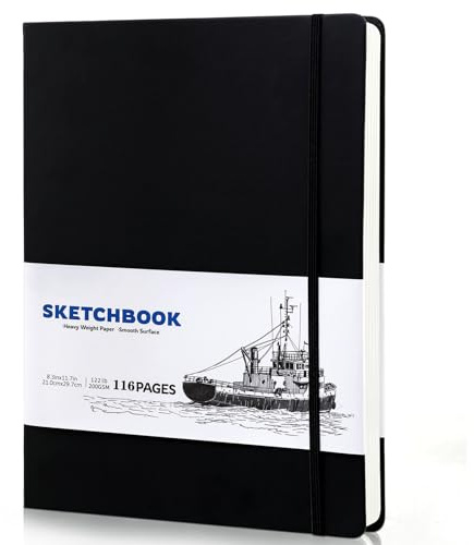 A4 Sketchbook 58 Sheets, Sketchbook with 200GSM Thick Paper - Black Hardback Art Drawing Pad for Sketching, 21 x 29.7 cm, 116 Pages