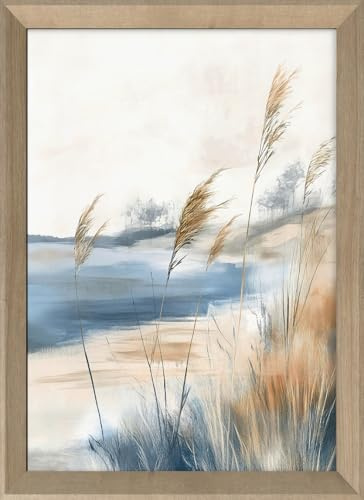 STYLER Wandbild Coastal Wind 50 x 70 cm – Gerahmtes Bild mit Gräsern und Dünen – Naturmotiv auf MDF mit Holzrahmen