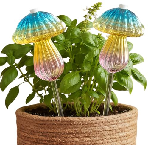 SL-JIJI Glass Mushroom Self-Watering Spikes, Self Watering Stakes, Plant Watering Globes, Mushroom Water Bulbs, Automatic Plant Waterer for indoor outdoor plants (2pack)