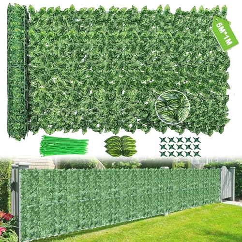 Artificial Ivy Fence Screening, 5M X 1M Garden Screening with 100pcs Zip Ties,Garden Screening Roll,Ivy Trellis Screening,Artificial Leaf Trellis,Foliage Wall Panel,UV Resistant