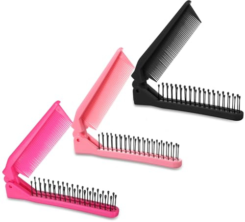Folding Comb, 3 Pcs Travel Foldable Comb Protable Mini Hair Brush Anti-Static Double Headed Folding Hair Brush Hairdressing Tool for Women Men Long Short Thick Wavy Curly (Pink, Rose Red, Black)