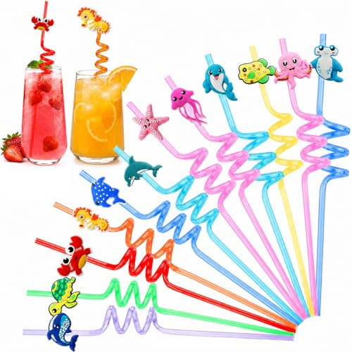12 Stück Strohhalme Kinder, Ozean Strohhalme Set, Wiederverwendbare Strohhalm Plastik, Bunte Party Trinkhalme für Saft,Cocktail,Smoothies Geburtstag, Dekorationen für Kindergeburtstag