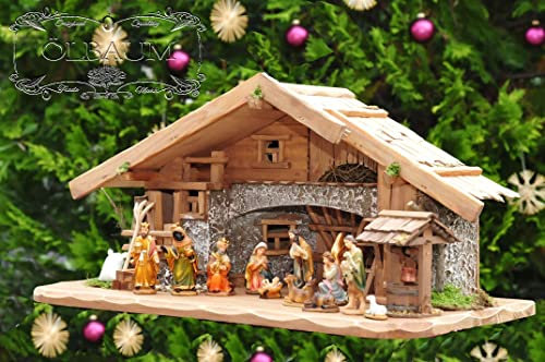 BTV 60 cm Weihnachtskrippe, mit LED + Brunnen + Dekor, ÖLBAUM-Krippe K60-MF-BRK- Massivholz historisch braun - mit 12 x Premium-Krippenfiguren + Engel