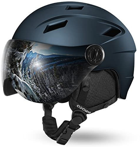 Odoland Casco de Esquí Integral con Gafas de Esquí, Casco Deportivo Unisex para Adultos y Jóvenes, Casco de Esquí con Visera Protección UV 400 y a Prueba de Viento, Azul Marino, L