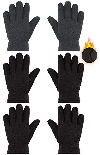 SATINIOR 3 Pairs Winter Fleece Gloves Kids Soft Warm Mitten for Boys Girls Full Fingers Outdoors Activities 5-12 Year(8-12 Years,Black, Grey)