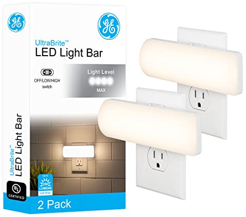 GE Ultrabrite Plug in LED Night Light with Manual High/Low/Off Switch, Adjustable 50–200 Lumen Soft White Guide Light for Indoor Hallways, Bedrooms, and Bathrooms, 2-Pack 52261