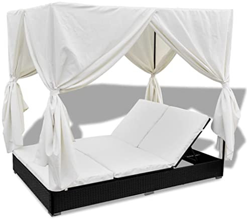 Hommdiy Sonnenliege Doppelliege mit Vorhängen Gartenliege Lounge Doppelliege Relaxliege Sonnenbett Doppelbett Gartenmöbel Liege Liegestuhl Poly Rattan(Schwarz)