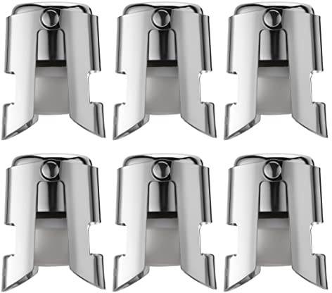 OUWO Champagne Stopper 6 Pack Stainless Steel Champagne Save with Food Grade Silicone, Leak-Proof Bubble Retaining Saver, Suitable for Champagne Prosecco Cava and Sparkling (Silver)