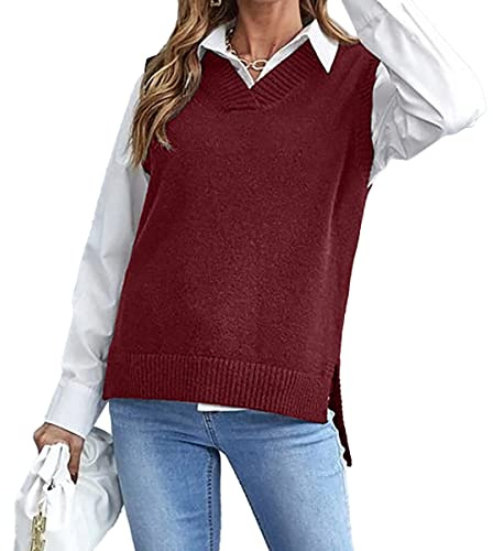 MODFUL Pull en tricot sans manches avec col en V pour femme - Gilet classique chunky - Veste en maille, Rouge, L