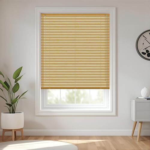 Teak - Wood grain Effect PVC venetian Blind - Width 135cm x Drop 150cm | Child Safe Easy Fit Trimmable Fittings Tilt Control Wand Mechanism - Privacy shutters Perfect for Home offices Window Blind