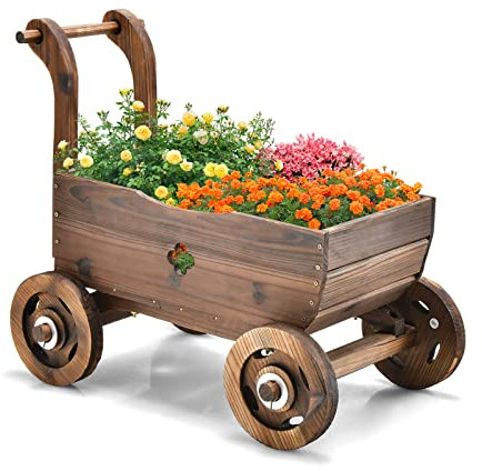 COSTWAY Blumenwagen Holz, Pflanzwagen mit Rädern und Griff, Pflanzkasten mit Abflussloch, Pflanztopf Bollerwagen, Schubkarre Gartendeko, Rustikaler Pflanzkarre für Garten Terrasse, Braun
